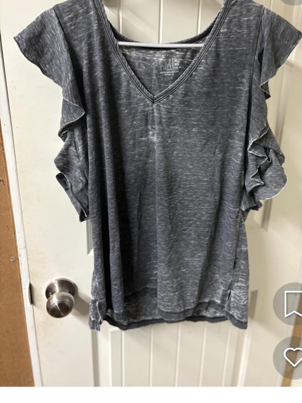 Time and Tru Charcoal Gray V-Neck Ruffle Sleeve Top